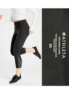 Athleta Lightning Capri Black Cropped Pocket Mesh Accent Leggings